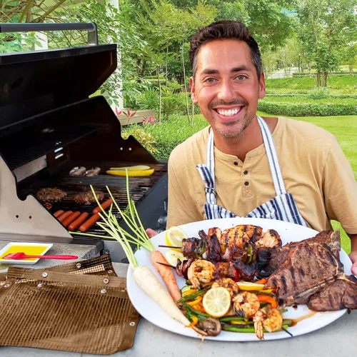 Vista 7 de Oleex - Bolsas antiadherentes grandes para parrilla, color cobre + cepillo para untar, malla de PTFE reutilizable para interiores y exteriores