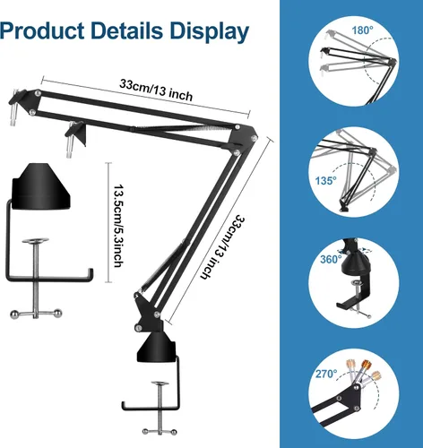 Vista 5 de Micrófono ajustable brazo de tijera con clip de micrófono y bridas para cables, resistente para Blue Yeti Nano Snowball Ice, HyperX QuadCast