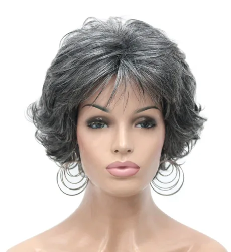 Vista 9 de Black Short Curly Wig with Bangs for Mature Women Glueless Natural Fluffy Negro
