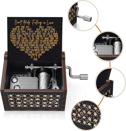 Vista 3 de CAMKONG Can't Help Falling in Love - Caja de música para mujeres, hombres, caja de música de manivela de madera vintage, regalos para amante, novio