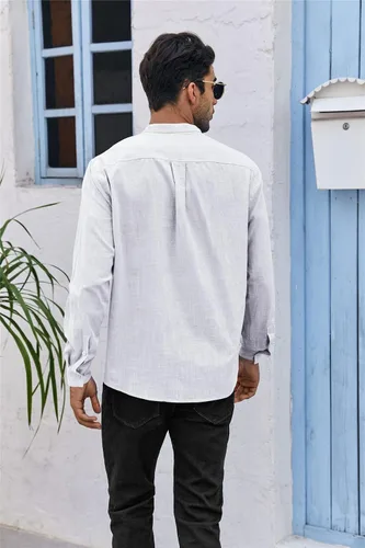 Vista 3 de Mens Linen Long Sleeve Shirts Button Down Mandarin Collar Casual Regular Fit Dress Shirts1