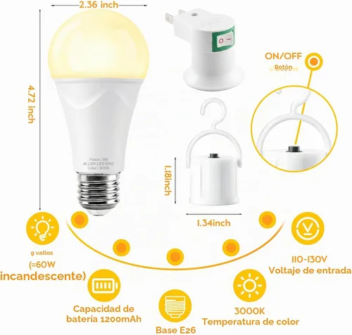 Vista 3 de Brightever Bombillas de emergencia recargables de 9 W, bombilla