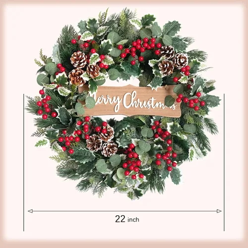 Vista 9 de idyllic Corona de Navidad-22 Coronas de Decoración de Navidad para Puerta Delantera Corona de Invierno Primavera con Agujas de Pino Eucalipto Hojas