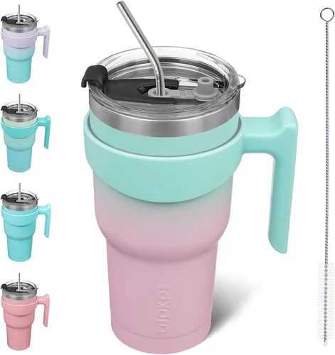 Vista 80 de BJPKPK Mini vaso de 10 onzas con tapa, popote y asa, taza de acero aislada