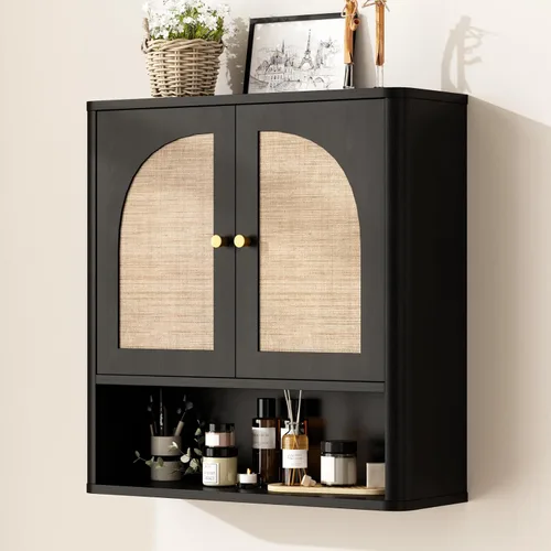 Vista 10 de RUSTOWN Mueble de pared de baño de ratán con 2 puertas arqueadas y estante Blanco rústico