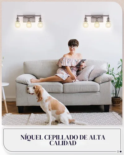 Vista 6 de Lámpara de tocador de 3 luces, moderna lámpara de pared de níquel cepillado, iluminación industrial de pared de tocador de baño para espejo, base