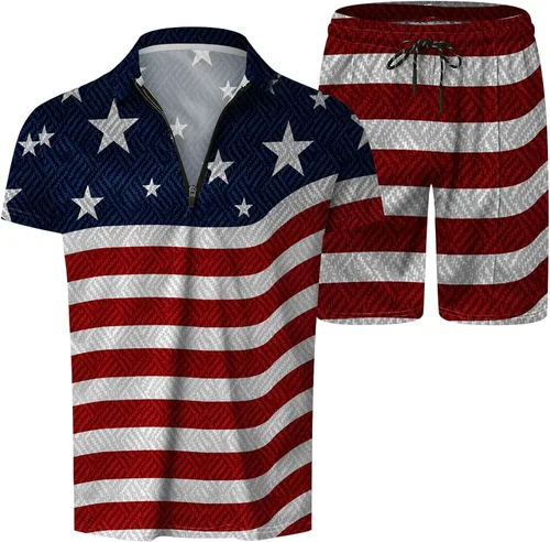 Vista 2 de Aipengry Conjunto deportivo de 2 piezas para hombre, conjunto deportivo de manga corta con cremallera y pantalones cortos para el 4 de julio