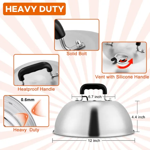 Vista 3 de Leonyo Juego de 2 cúpula para derretir queso, acero inoxidable redondo de 12 pulgadas con ventilación ajustable, tapa profesional de cúpula