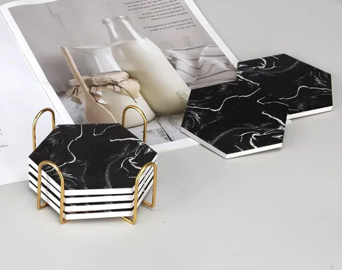 Vista 3 de Juego de posavasos de mármol negro fresco con soporte, posavasos hexagonales absorbentes de cerámica moderna, paquete de 6 posavasos de piedra