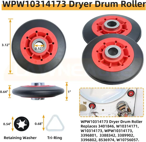 Vista 3 de WPW10314173 Kit de soporte de tambor de rodillo para secadores Whirlpool Maytag Includes WPW10314173 Roller Drum Support Kit with WP691366 Idler