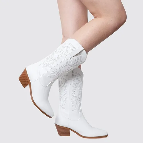 Vista 6 de AMINUGAL Botas vaqueras para mujer, botas vaqueras de media pantorrilla, punta puntiaguda, tacón grueso, bordadas, botas occidentales para mujer