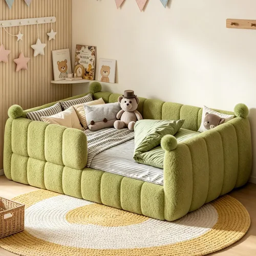 Vista 22 de Cama de suelo tapizada con valla, cama de piso tamaño individual con Beige