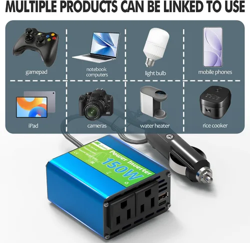 Vista 7 de 150W inversor de corriente 12V DC a 120V AC enchufe adaptador de enchufe de coche toma de corriente con 2 salidas de CA, para vehículos, salida