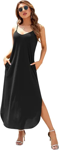 Vista 2 de Huskary - Vestido largo de verano para mujer, casual, sin mangas, con cuello en V y tirantes delgados, abertura lateral, diseño suelto