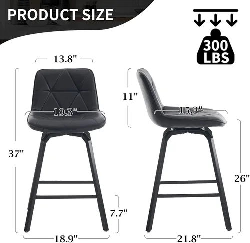 Vista 2 de ClinQ Juego de 3 taburetes de bar giratorios de 26 pulgadas de altura de mostrador, asiento de piel sintética con patrón triangular, patas de metal