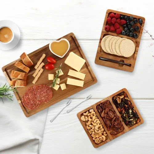 Vista 7 de hecef Juego de tablas de charcutería extra grande, 3 en 1, bandeja magnética de madera de acacia con bolsa de almacenamiento, bandeja de picnic al