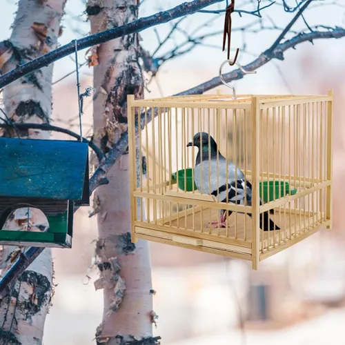 Vista 7 de SUPVOX Jaula de bambú para pájaros con decoración de perlas: jaula cuadrada de loro beige de 8.07 pulgadas para pájaros pequeños - Incluye tazas