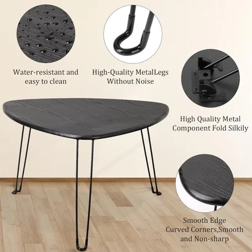 Vista 6 de Mesa de centro plegable negra de madera triangular para sentarse en el suelo, mesas auxiliares pequeñas ovaladas, mesa de centro moderna de mediados