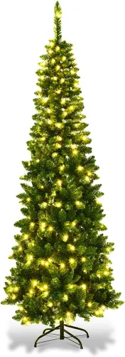 Vista 13 de GOFLAME Árbol de Navidad preiluminado de 5 pies, árbol de Navidad artificial con 180 luces LED, 10 modos de luz, 390 puntas de rama, soporte