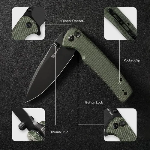 Vista 3 de SENCUT Cuchillo de bolsillo plegable Sachse para EDC, mango de madera Micarta verde, hoja de 9Cr18MoV, cuchillo plegable con clip, bloqueo de botón