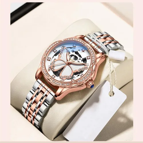 Vista 3 de Reginald Relojes para mujer, reloj de vestir casual a la moda, impermeable, con esfera de esqueleto de mariposa, reloj mecánico automático
