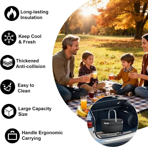 Vista 6 de ALLCAMP Cesta de pícnic, 2 cajas de hielo incluidas con enfriador aislado de 32 litros, cesta de picnic plegable gruesa con cestas extraíbles