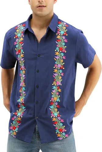 Vista 18 de Camisas mexicanas para hombre, camisa de manga corta bordada con botones y cuello de guayabera tradicional Alebriges Negro