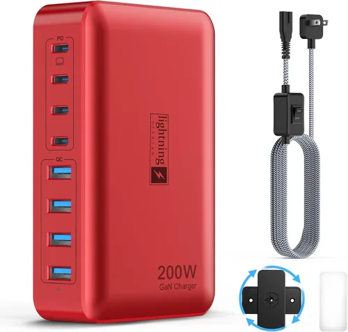 Vista 17 de Estaciones de carga múltiple de 8 puertos de 200 W con enchufe plano, cable de alimentación trenzado e interruptor de encendido/apagado
