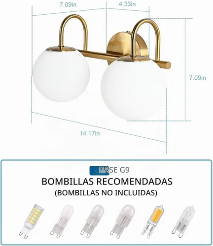 Vista 3 de Luminarias Modernas de Tocador de Baño 2 Luces Latón Cepillado Pantalla de Vidrio Globo Blanco Leche Aplique de Pared Moderno Tipo Barra Iluminación