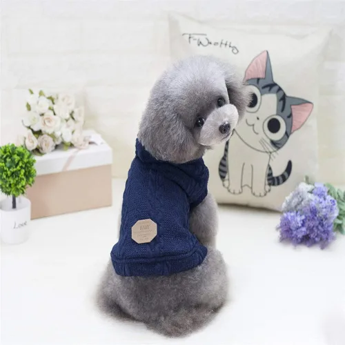 Vista 2 de Rdc Pet Clothes - Suéter de lana con gorro para perros y gatos, abrigo cálido de forro polar de cuello alto para invierno (S, azul clásico)