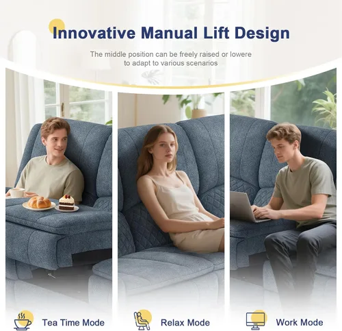 Vista 3 de Sofá reclinable de 3 plazas, sofá reclinable con consola elevable (tela, azul) Reclining Sofa with USB Removable Armrest, RV Sofa with Cup Holder
