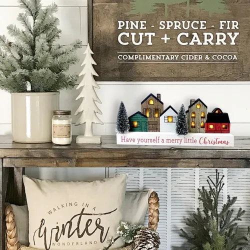 Vista 9 de Decoraciones de Navidad para el hogar, decoración de árbol de Navidad con temporizador de madera rústica de madera, bloque de mesa de granja
