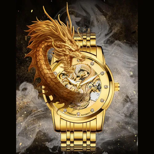 Vista 2 de Weicam Reloj de lujo mecánico de lujo con esqueleto automático automático de acero inoxidable Lumious reloj de dragón tallado con esfera de diamante