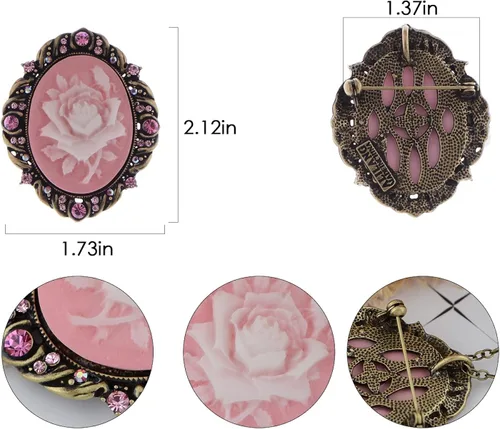 Vista 6 de Alilang Broche de camafeo de flores de cristal rosa y rosa de inspiración vintage