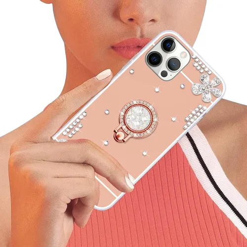 Vista 2 de Compatible con iPhone 13 - Funda con espejo de maquillaje para mujeres y niñas, funda de lujo con diamantes de imitación brillantes con anillo