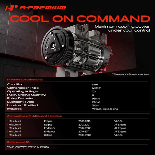 Vista 2 de Compresor de aire acondicionado A-Premium con embrague Compatible con Mitsubishi Eclipse 3.8L 2006-2010, Eclipse 2012, Galant 3.8L 2004-2009