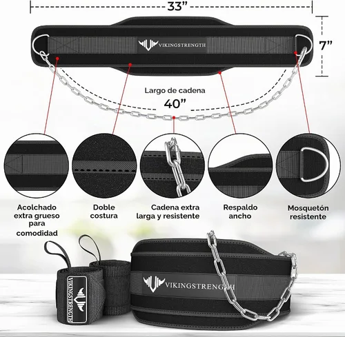 Vista 2 de Vikingstrength Cinturón de inmersión para levantamiento de pesas, incluyendo muñequeras. Cinturón acolchado de alta calidad con cadena larga