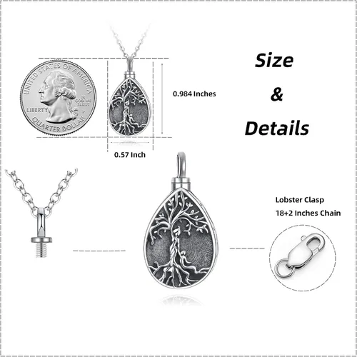 Vista 107 de Collar con colgante de urna de cenizas de cremación y árbol de la vida para mujer, plata de ley US1