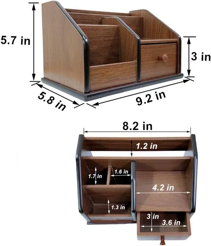 Vista 4 de N Organizador de escritorio de madera con cajón pequeño Organización de oficina y hogar como soporte de control remoto portalápices HeBen1029