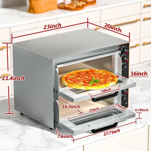 Vista 5 de Shikha Horno de pizza comercial de 16 pulgadas, máquina eléctrica de doble capa para hacer pizza con piedra, temporizador de acero inoxidable