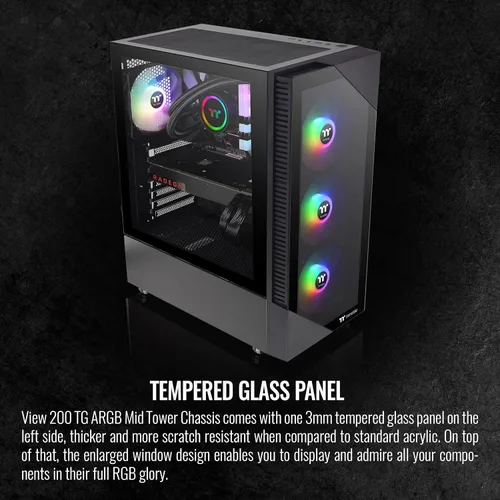 Vista 10 de Thermaltake View 200 TG ARGB Motherboard Sync ATX Caja de computadora de torre media de vidrio templado con ventilador ARGB frontal de 0.118 x 4.724