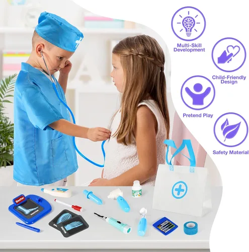Vista 6 de IVENRXIU Kit de médico para niños, 17 piezas de juego médico con bolsa y disfraz para niños pequeños de 3 a 5 años, juguetes de juego de simulación