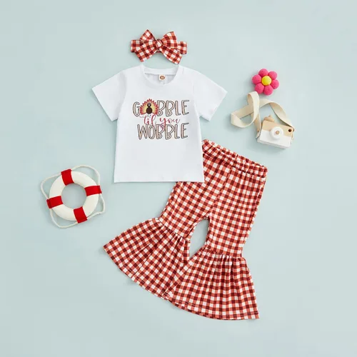Vista 9 de Conjunto de 2 piezas para bebé niña pequeña, camiseta de manga corta con letras, pantalones acampanados, pantalones acampanados, ropa de festival
