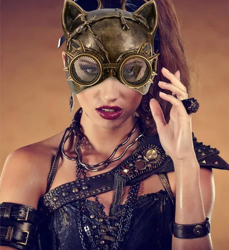 Vista 7 de Disfraz de máscara metálica de gato Steampunk con gafas