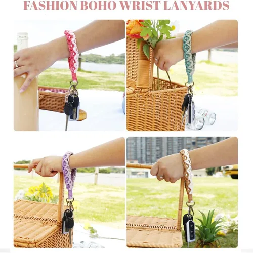 Vista 4 de Llavero de macramé para mujer, cordón de muñeca para llaves de coche, bonitos llaveros bohemios, pulsera para niñas