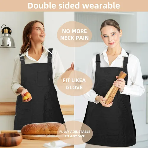 Vista 7 de Delantales para mujer con bolsillos, ajustables, de doble cara, duraderos, ligeros, para cocinar, cocinar, cocina, restaurante