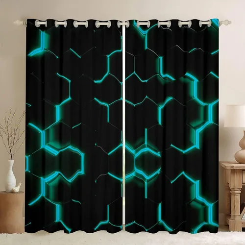 Vista 27 de Feelyou - Cortinas de ventana en forma de panal, tema geométrico hexagonal con luces de neón verdes, para chicos adolescentes y hombres, elegante