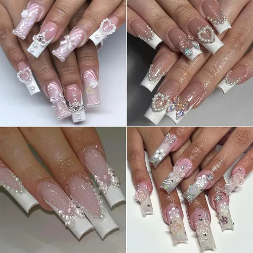Vista 3 de Dijes de Uñas 3D Multiformas, Aurora Rosa Camelia Mariposa Flor Acrílica Lazo Transparente Corazón Blanco Perlas de Respaldo Plano Decoración
