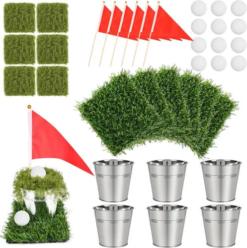 Vista 9 de Juego de 6 centros de mesa de golf para mesas, incluye 6 cubos de hierro, tapetes de césped artificial, banderas rojas, 12 minigolf, 90, césped