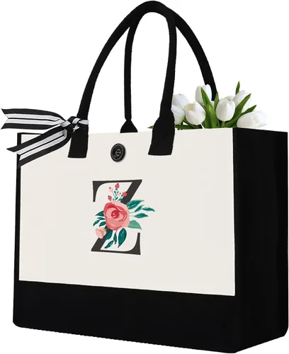 Vista 19 de Initial Canvas Tote Bag, Monogrammed Tote Bags Suitable for Mother's Day Wedding Beach